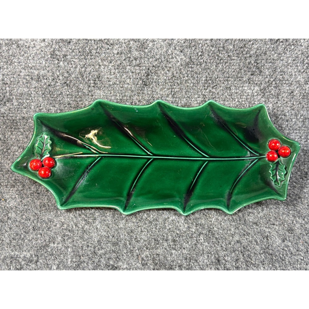 Vintage Lefton Holly Leaf Ceramic Serving Dish Green Red Berries 1348 Christmas